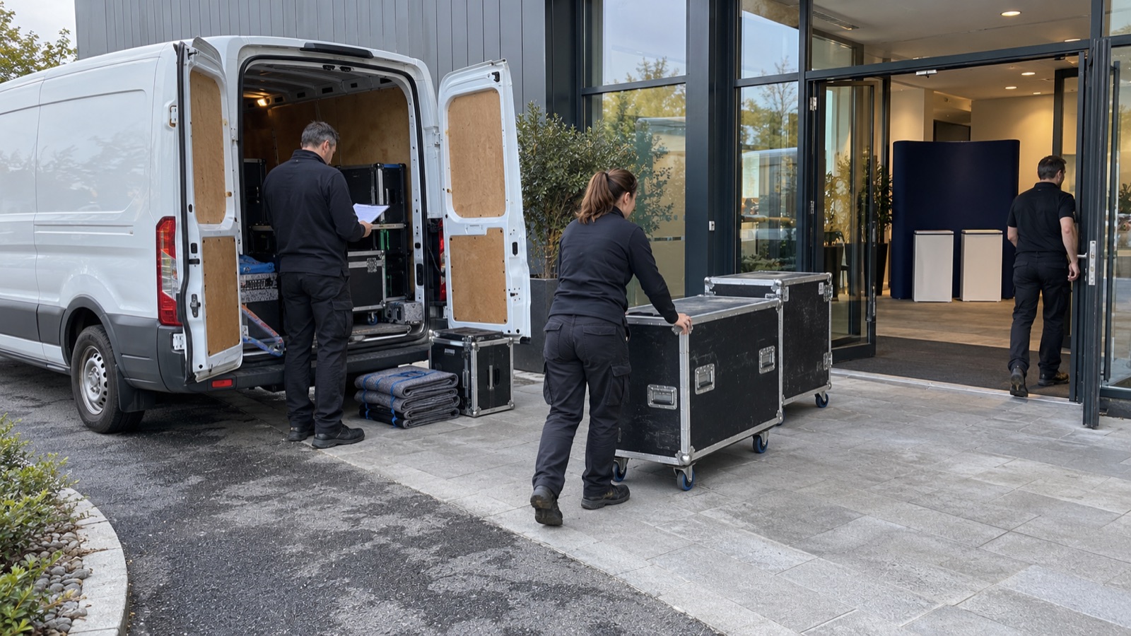 A roadshow crew bringing portable event equipment into a venue
