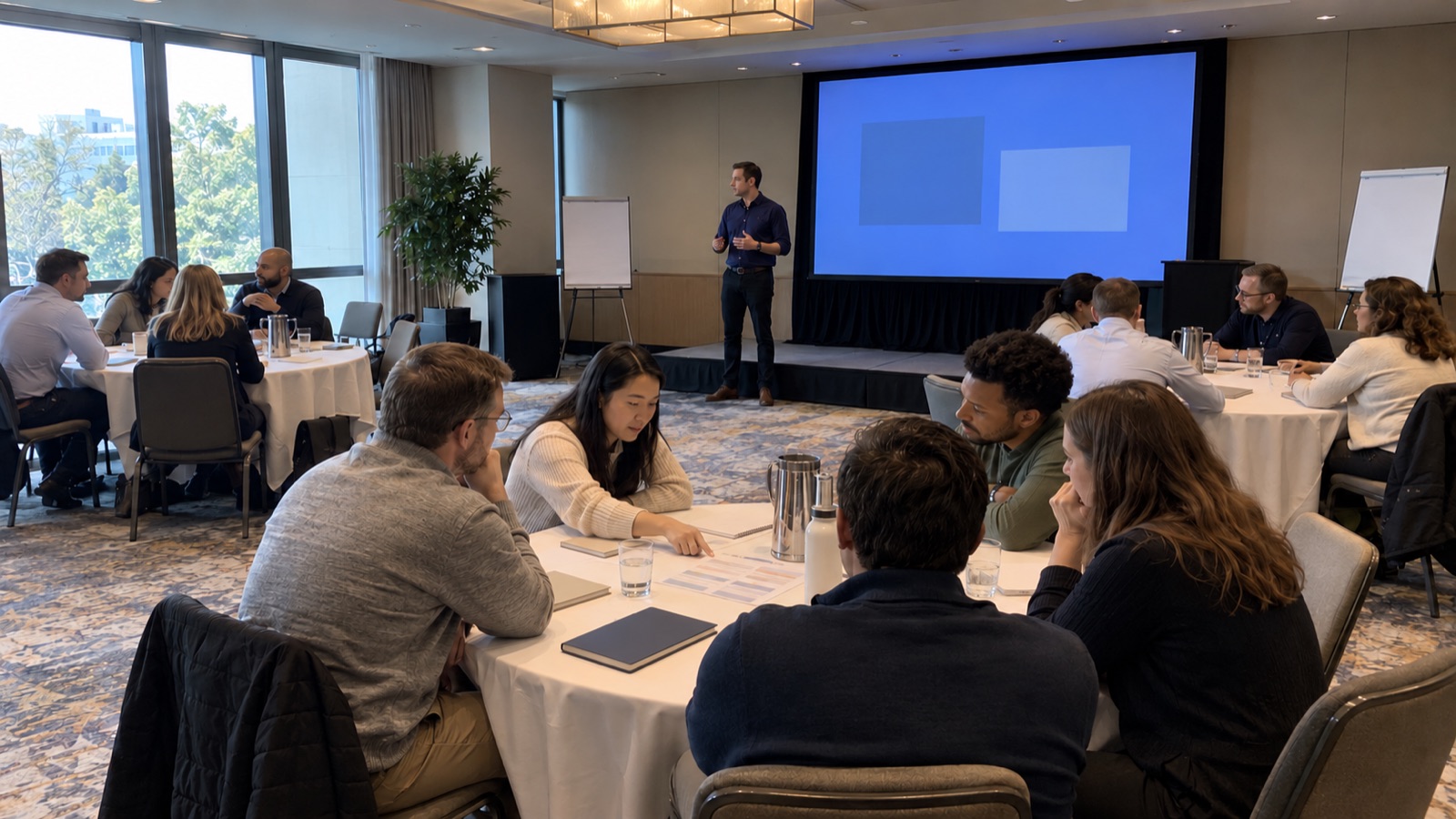 Sales colleagues working in small groups during a kickoff workshop