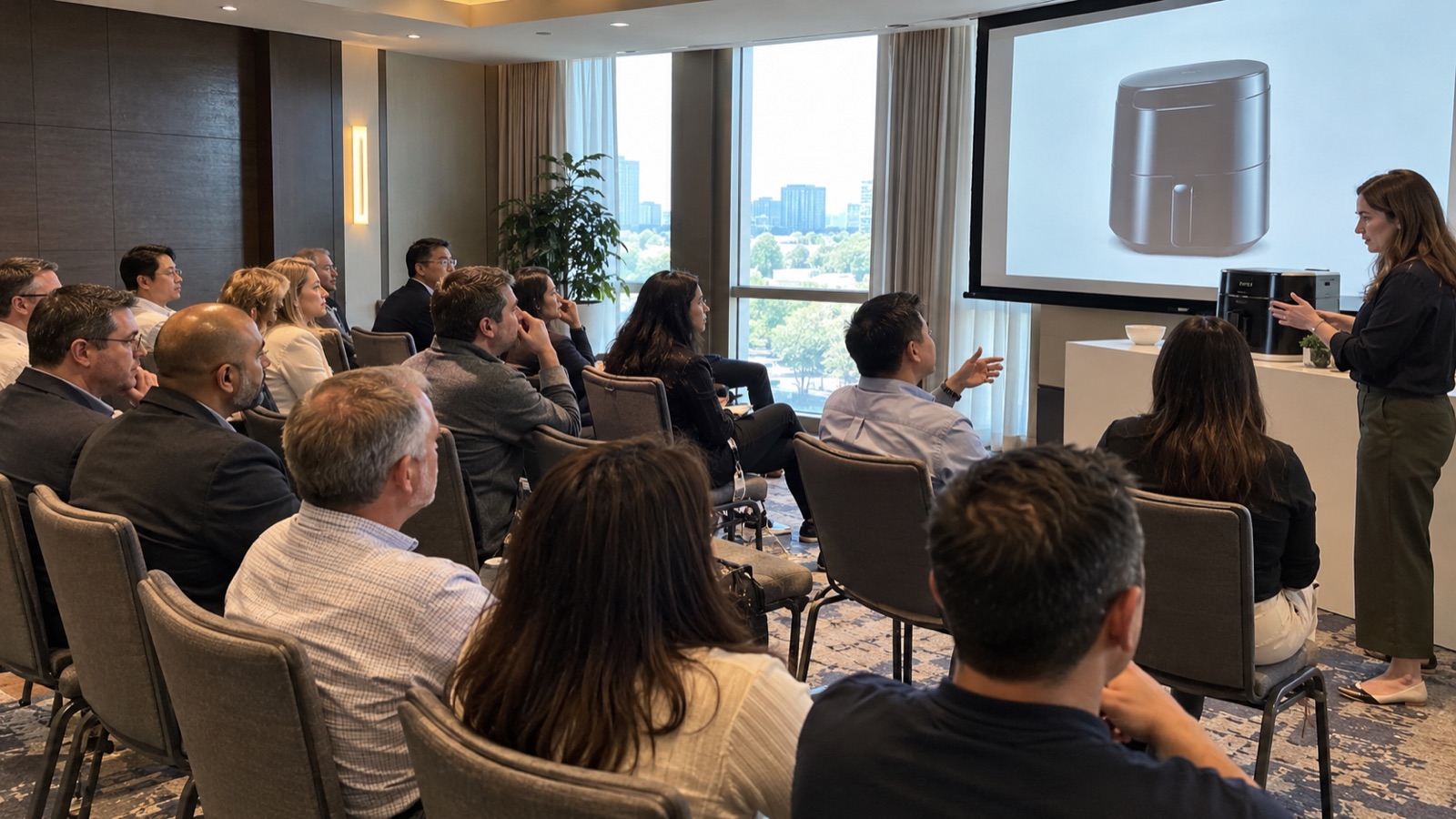 Dealer meeting attendees watching a product demonstration and asking questions in a hotel meeting room