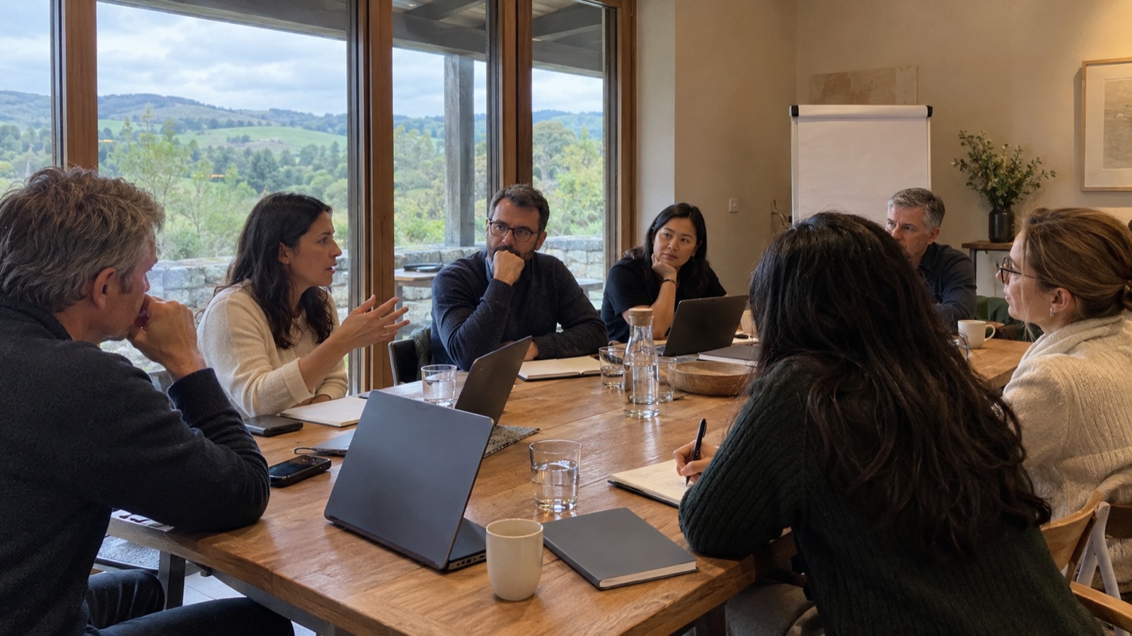 Leadership group discussing work around a table in a meeting room overlooking green hills