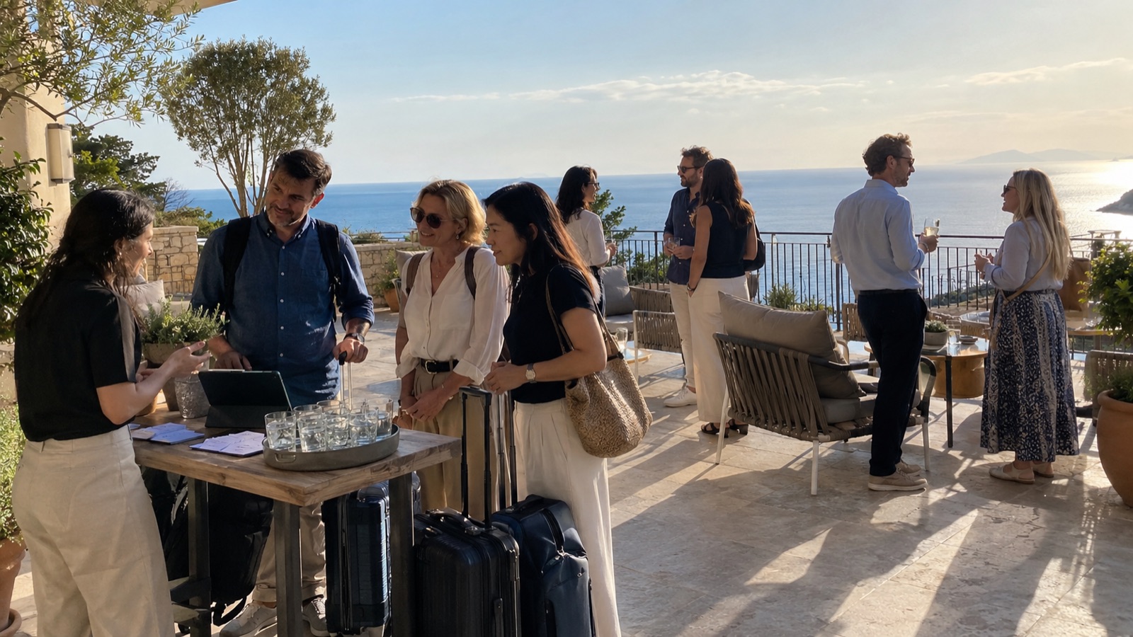 Event host welcoming an incentive travel group on a hotel terrace overlooking the sea