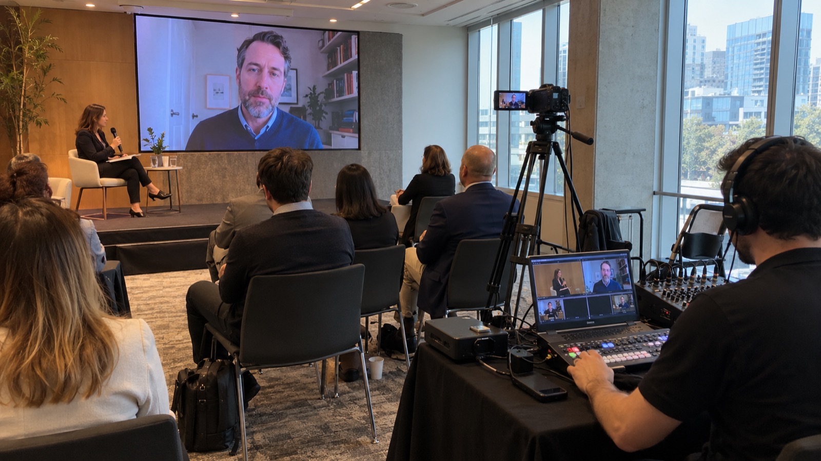 Guests watching a remote speaker at a hybrid event with a live production desk in the foreground