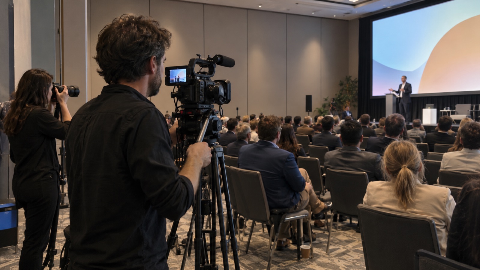 Video and photography crew covering a speaker at a corporate conference