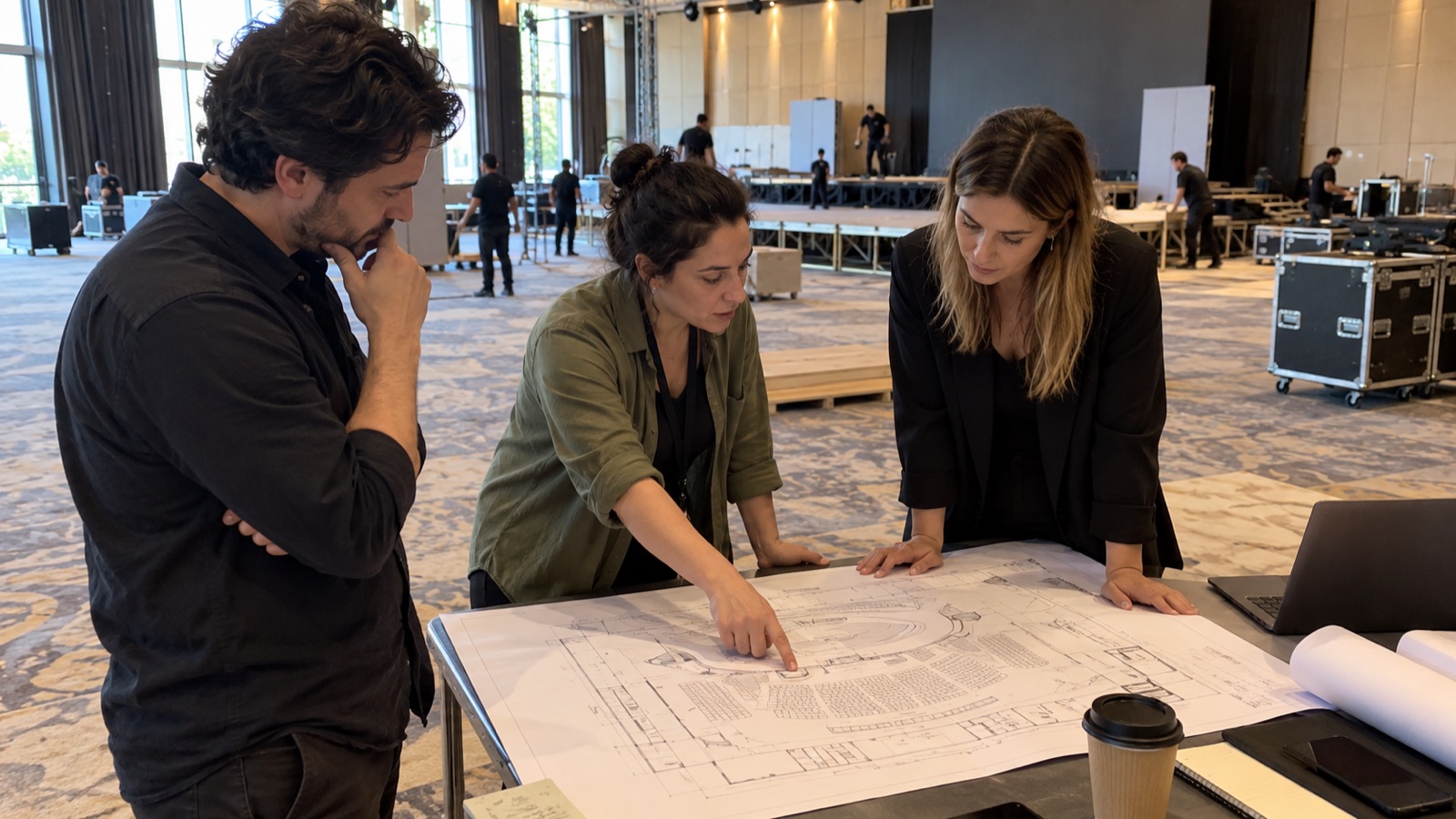 Agency and production team reviewing the event layout in a venue during setup