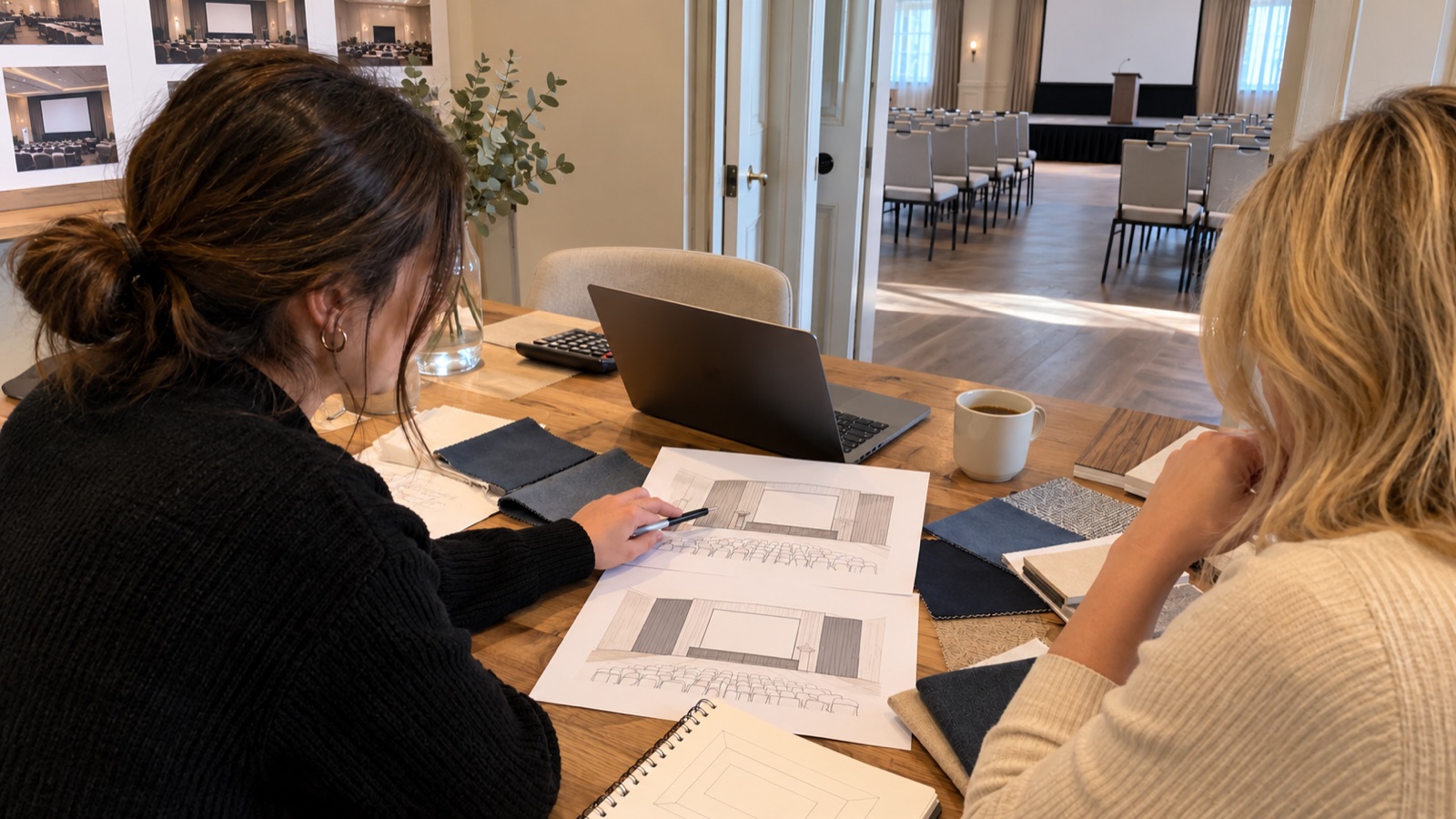 Event planners comparing stage options and material samples for a corporate event budget