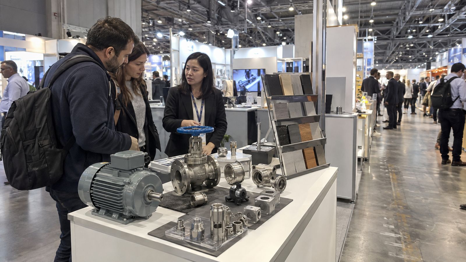 Endüstriyel motor, vana, metal parçalar ve malzeme numunelerinin sergilendiği fuar standı.