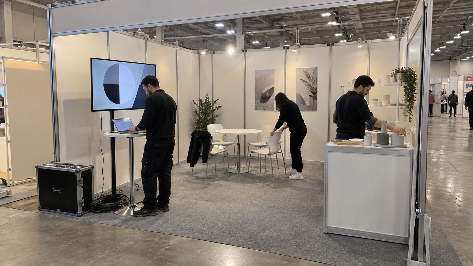 An exhibition team checking a display screen and preparing the stand before opening.