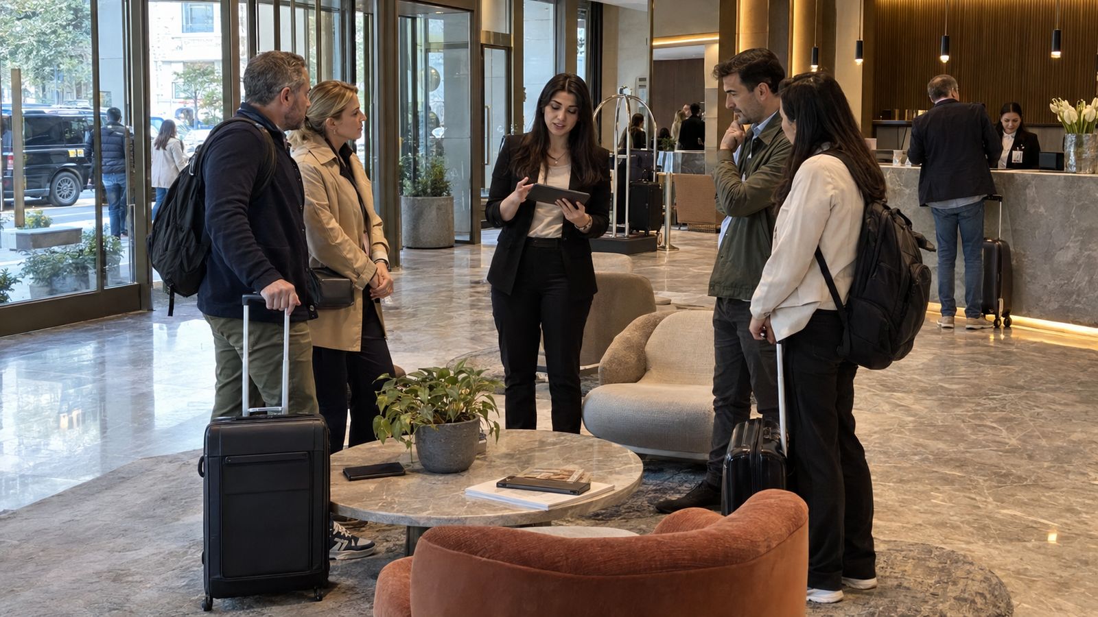 An event coordinator briefing a small business delegation in a hotel lobby.