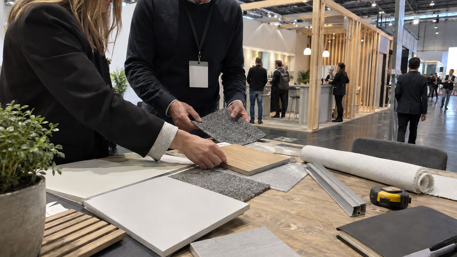 Two people compare wood, carpet and metal material samples at a table in front of an exhibition stand.