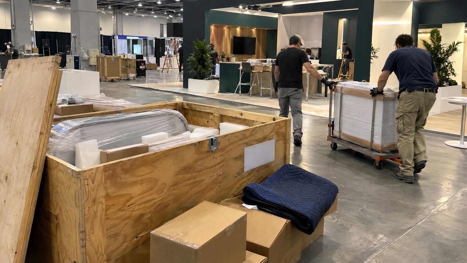 An open wooden crate, protective packing and a trolley during delivery to an exhibition stand.