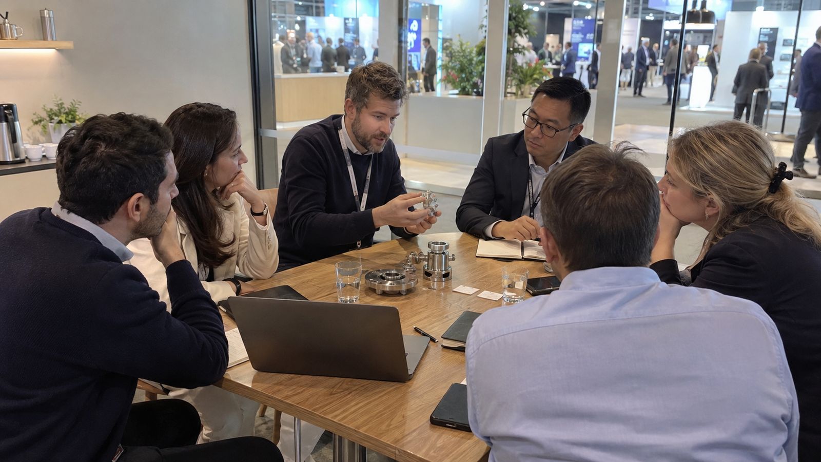 A business delegation discusses a product sample around a table beside an exhibition hall.