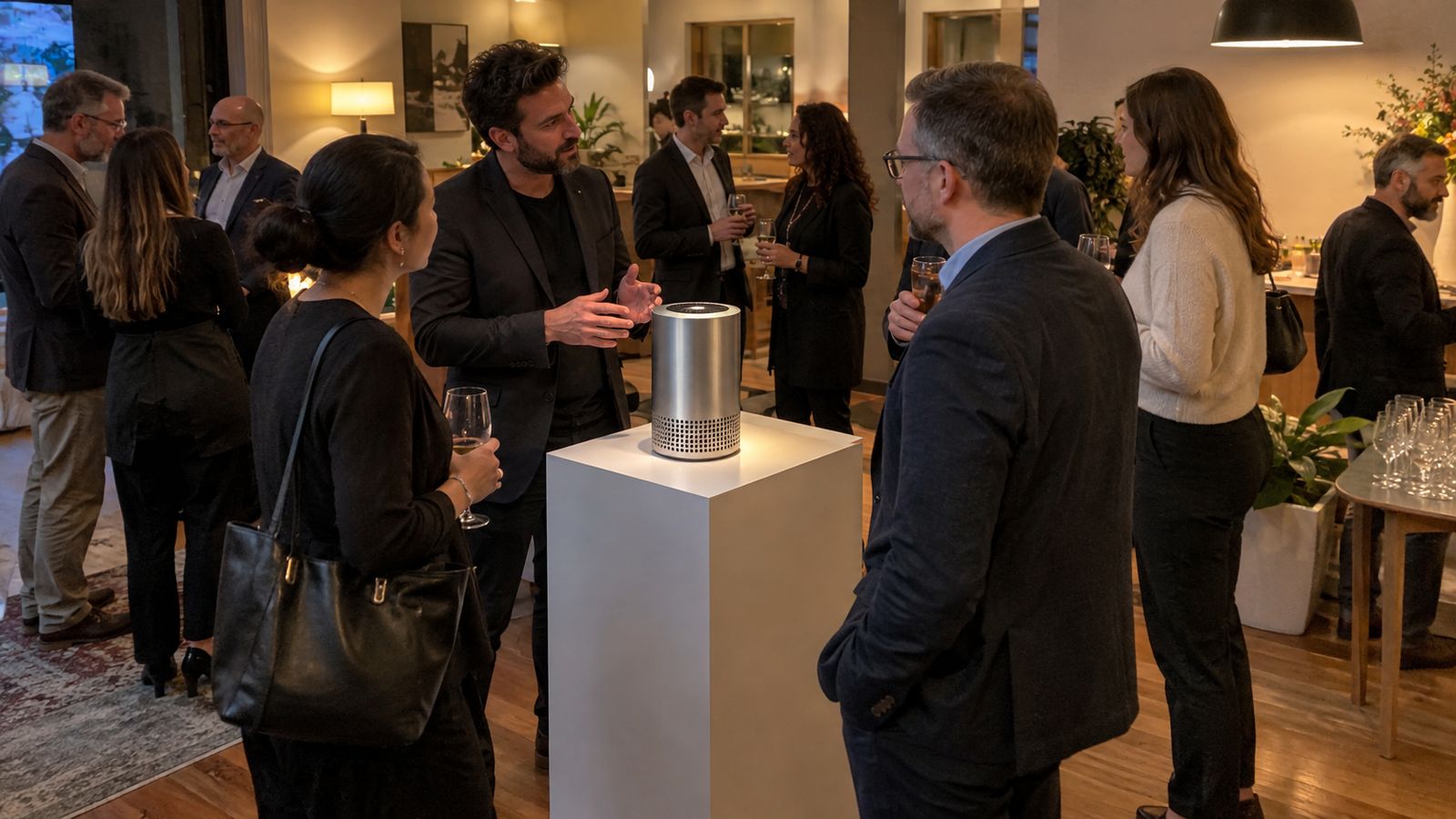 Guests view an industrial design product on a pedestal at a small evening launch reception.
