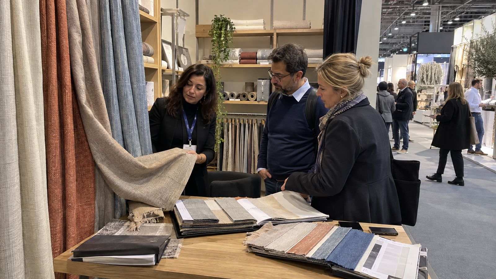 Tekstil fuarında kumaş kartelalarını ve perde numunelerini inceleyen alıcılar