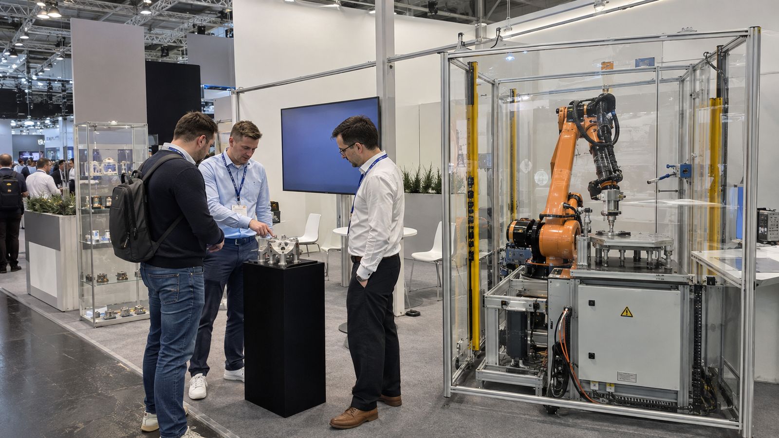 Sanayi fuarında korumalı küçük robot hücresinin çalışma alanını anlatan teknik ekip