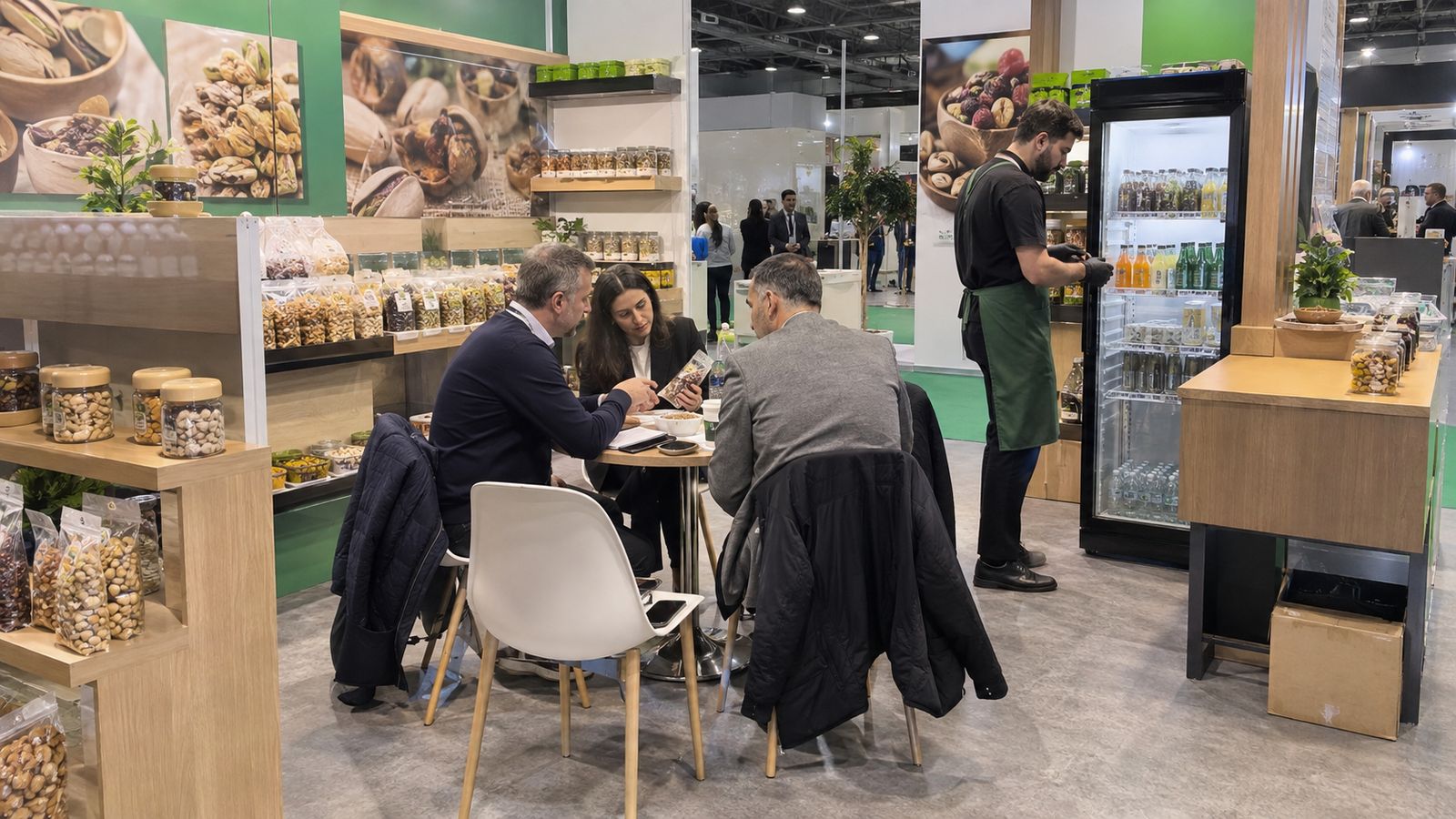 Food exhibition stand with a chilled display, product shelves and space for buyer meetings