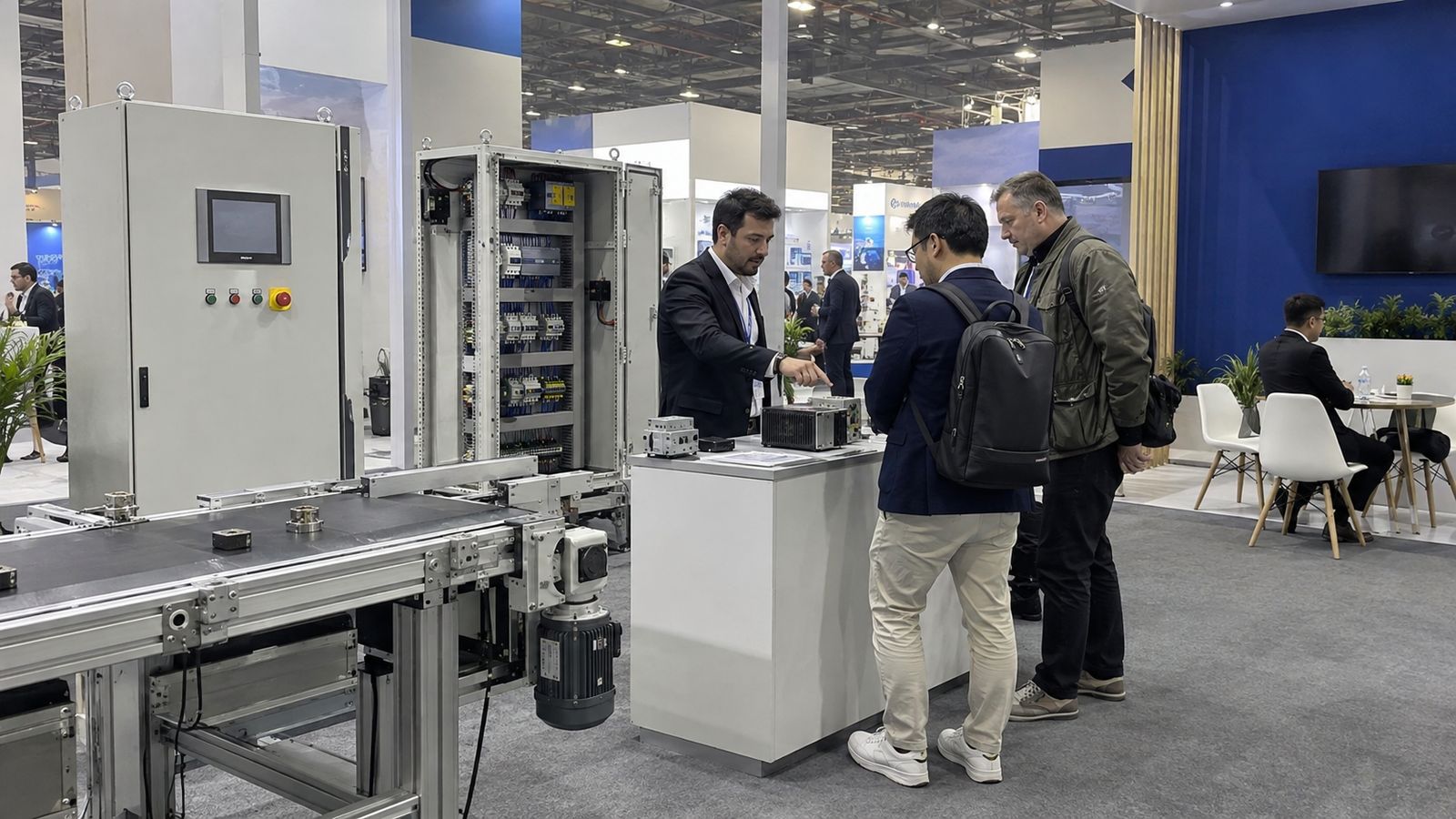 A technical discussion beside control panels and automation equipment at an industrial exhibition