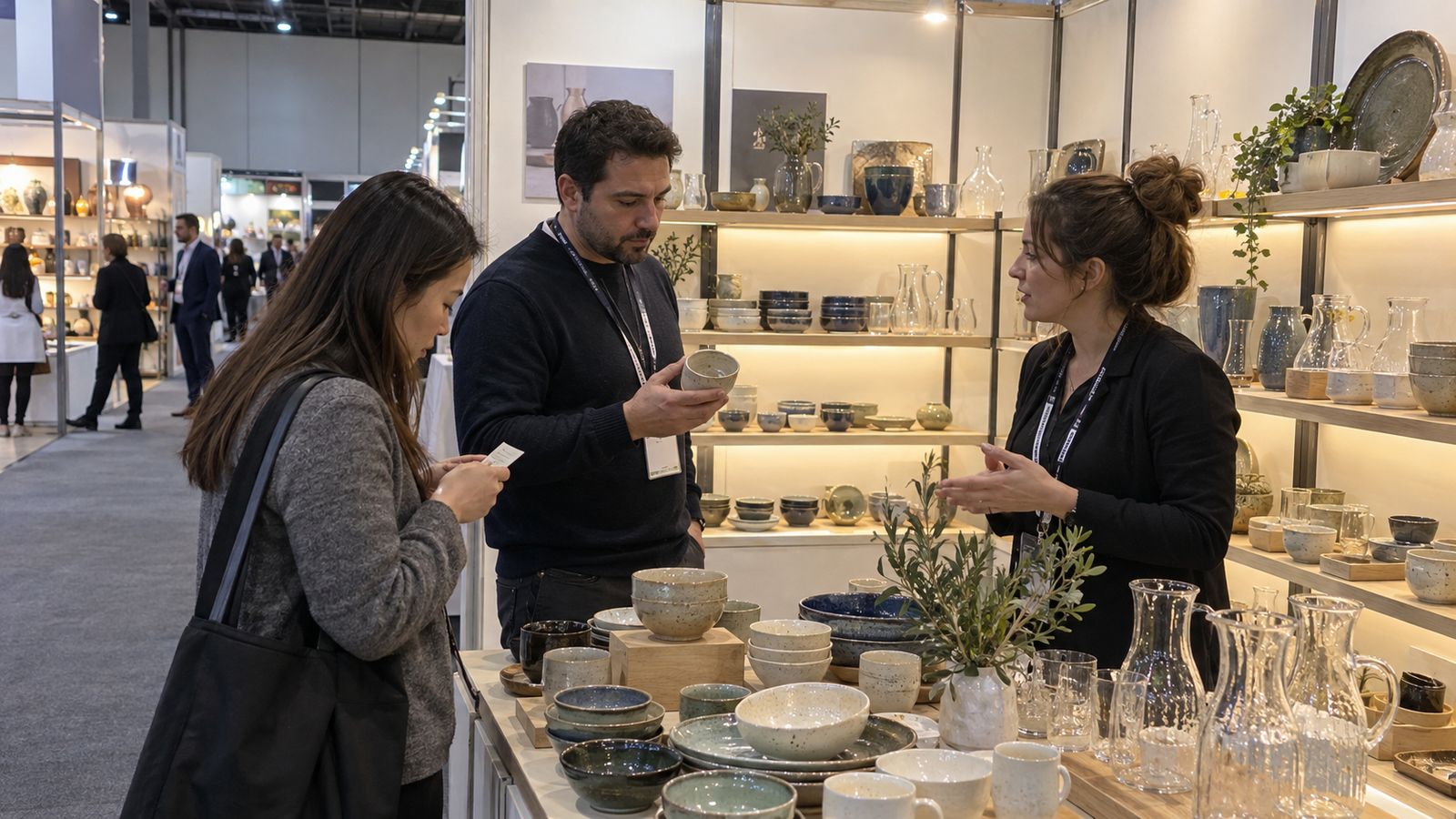 Buyers examining ceramic tableware and glass products at a homeware exhibition stand.