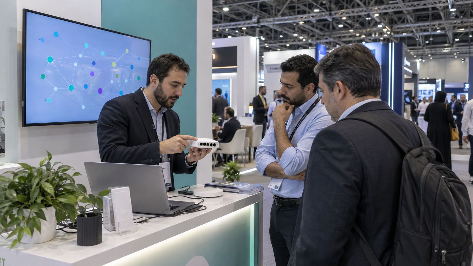 Visitors watching a connected device demonstration at a technology exhibition stand.