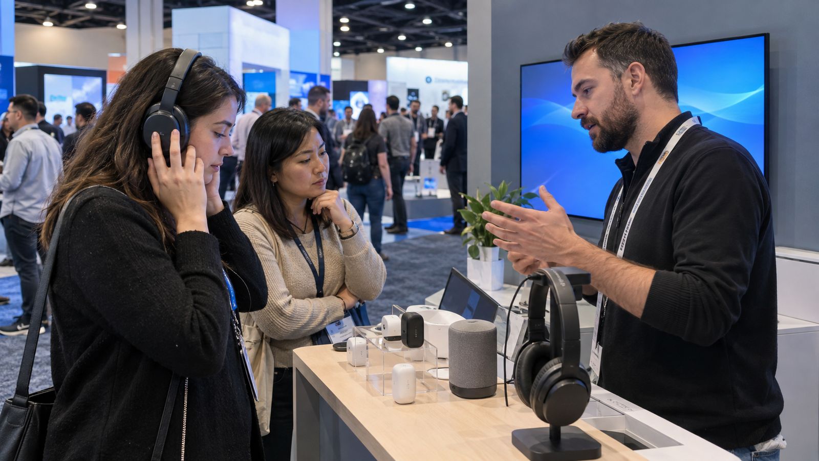 Visitors trying headphones and smart home devices at a consumer technology trade show.