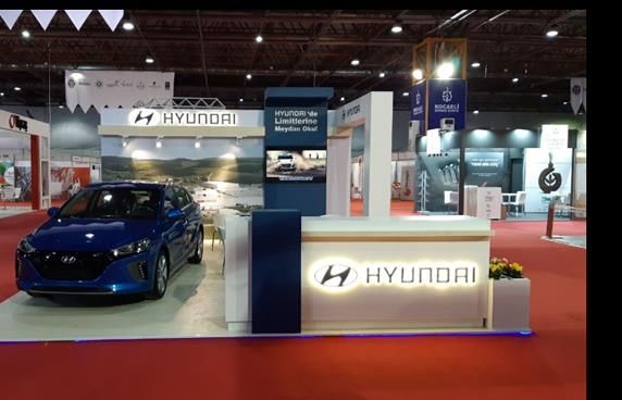 Hyundai stand with a vehicle and reception counter